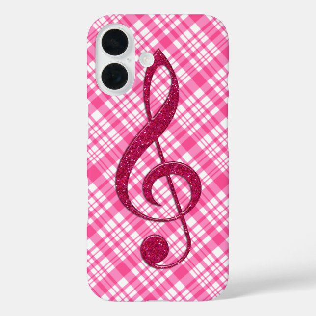 Hot Pink Glitter Treble Clef on Pink Plaid Case-Mate iPhone Case (Back)