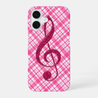 Hot Pink Glitter Treble Clef on Pink Plaid