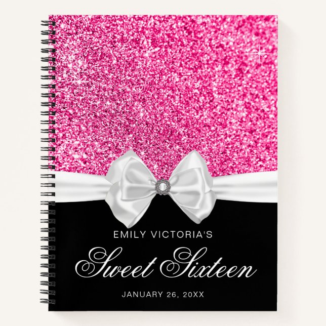 Hot Pink Glitter White Bow Sweet 16 Guestbook Notebook (Front)
