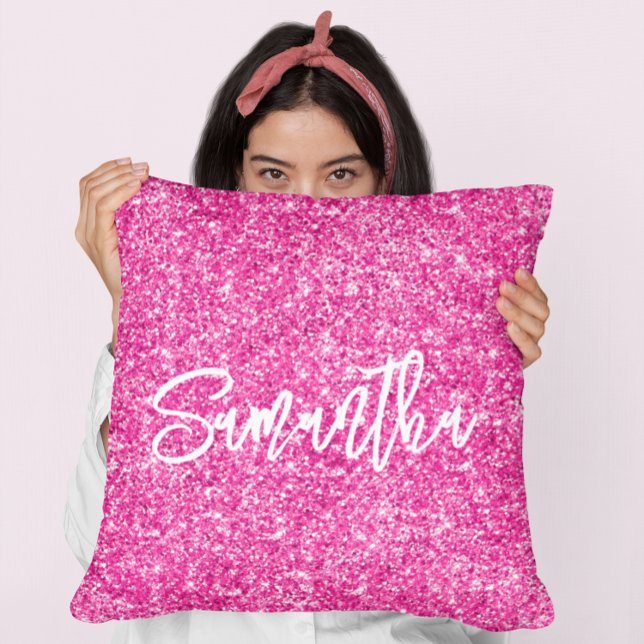 Hot Pink Glitter White Brush Script Cushion (Creator Uploaded)