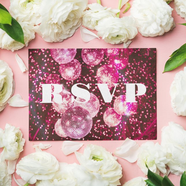 Hot Pink Glitters Retro Disco Ball Wedding RSVP Enclosure Card (Front)