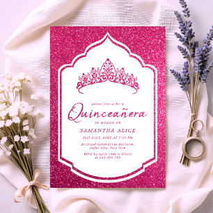 Hot Pink Glittery Crown Miss Quince Quinceanera Invitation