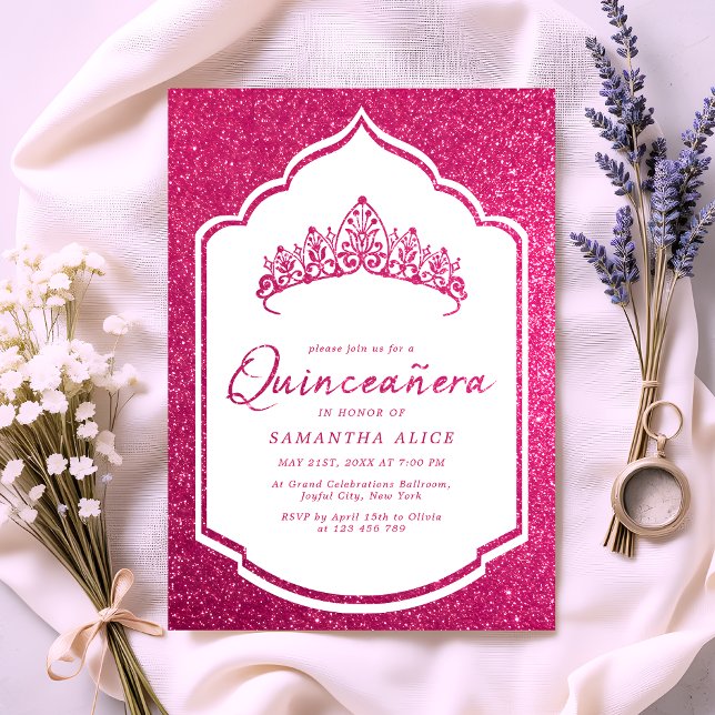 Hot Pink Glittery Crown Miss Quince Quinceanera Invitation (Creator Uploaded)