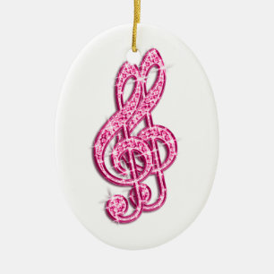 Hot Pink Glitzy Sparkly Diamond Music Notes Ceramic Ornament
