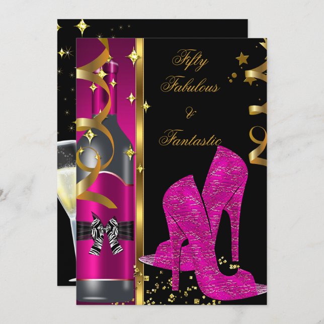 Hot Pink Gold 50 & Fabulous Fantastic Birthday Invitation (Front/Back)