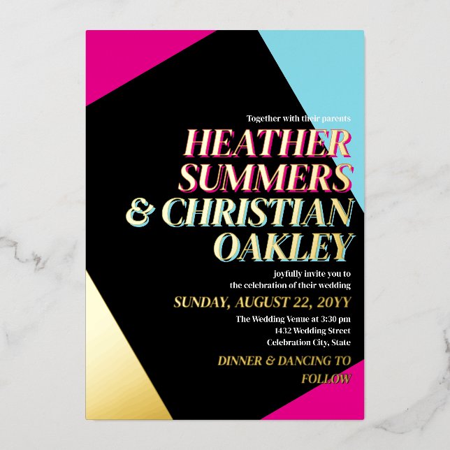 Hot Pink & Gold 80s Typography Retro Wedding (Front)