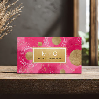 Hot Pink Gold Abstract Monogram Business Cards