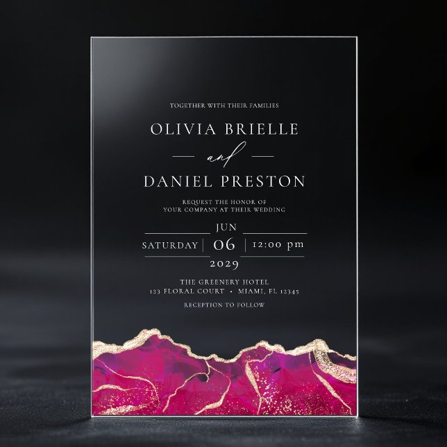 Hot Pink Gold Agate Elegant Modern Wedding Acrylic Invitations (Creator Uploaded)