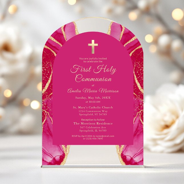 Hot Pink Gold Agate First Holy Communion Acrylic Invitations (Creator Uploaded)
