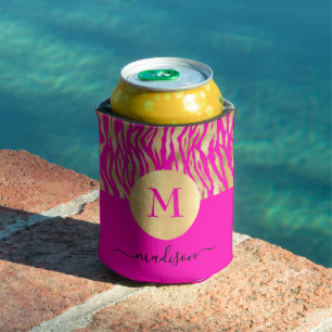 Hot Pink Gold Animal Print Monogram Name Glam Chic Can Cooler