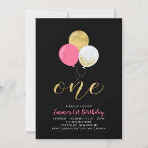 Hot Pink & Gold Balloons 1st Girl Birthday Party Invitation