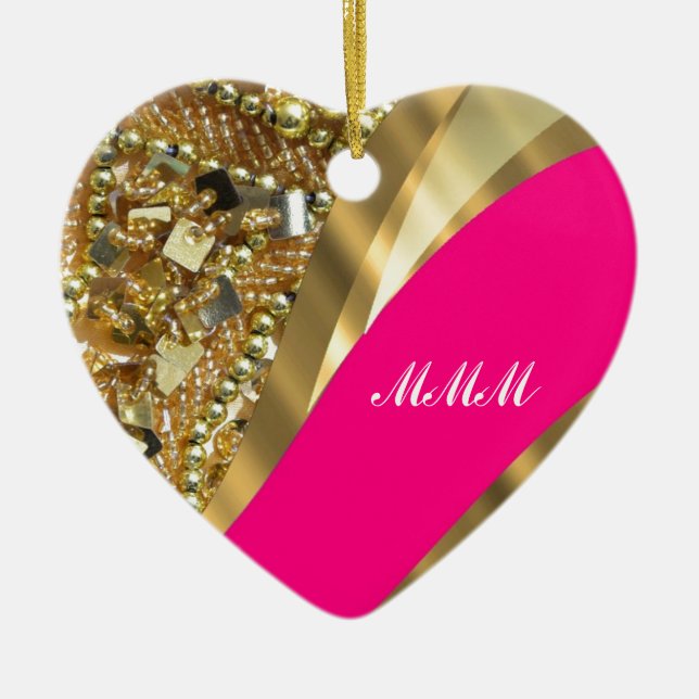 Hot pink & gold bling ceramic ornament (Front)