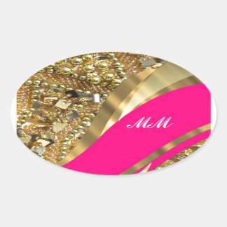 Hot pink & gold bling oval sticker