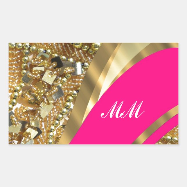 Hot pink & gold bling rectangular sticker (Front)