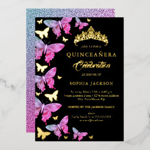 Hot Pink Gold Blue Butterfly Quinceanera