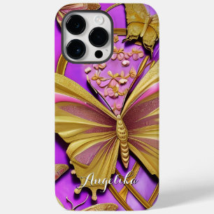 Hot Pink Gold Butterfly Personalised Name Case-Mate iPhone 14 Pro Max Case
