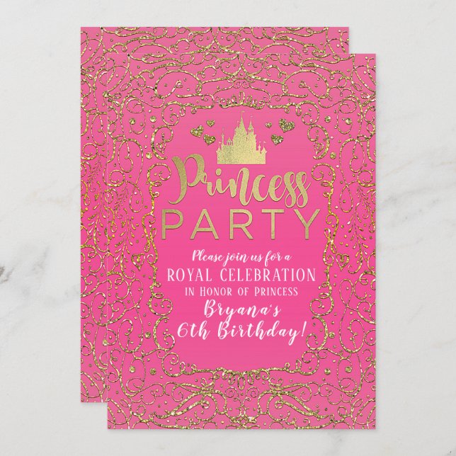 Hot Pink & Gold Castle PRINCESS PARTY Birthday Invitation (Front/Back)