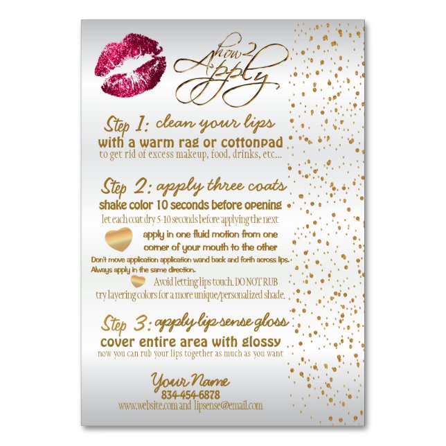 Hot Pink & Gold Confetti Lip Instructions Table Number (Front)