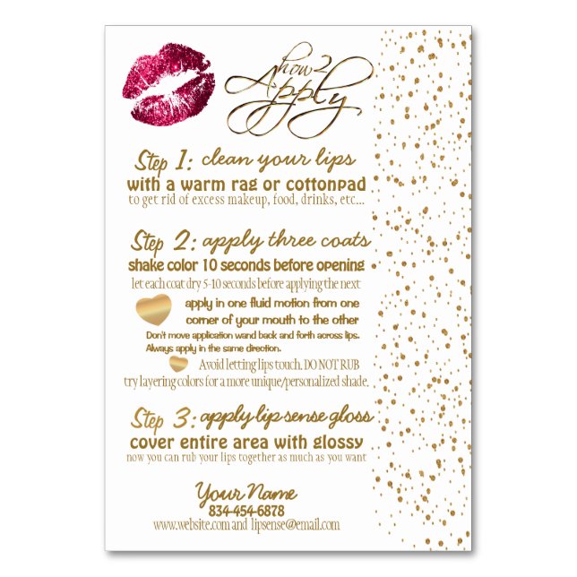 Hot Pink & Gold Confetti Lip Instructions Table Number (Front)