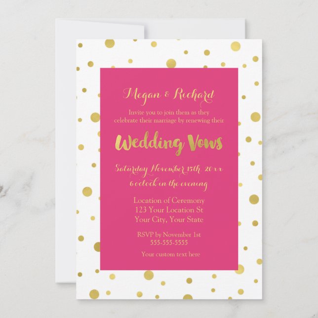 Hot Pink Gold Confetti Vow Renewal Invitation (Back)