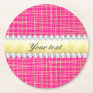 Hot Pink Gold Criss Cross Lines Diamonds Round Paper Coaster