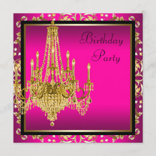 Hot Pink Gold Damask Chandelier Birthday Party Invitation
