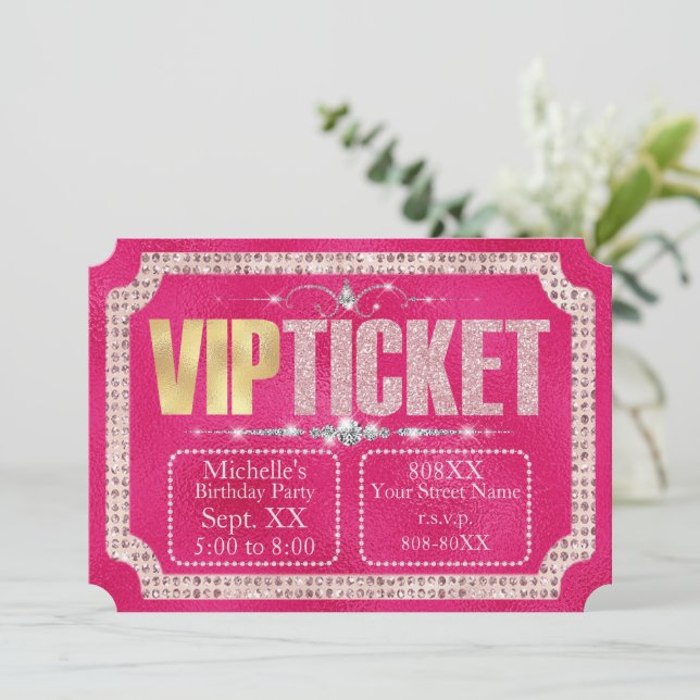Hot Pink & Gold Diamonds and Glitter Ticket Invitation (Standing Front)