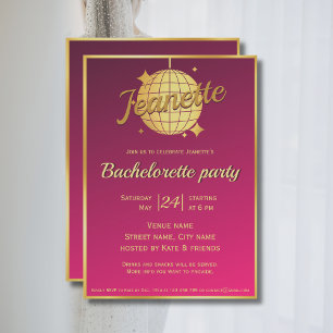 Hot pink gold disco ball bachelorette party  invitation