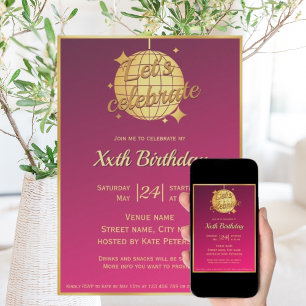 Hot pink gold disco ball birthday party invitation