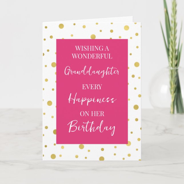 Hot Pink Gold Dots Granddaughter Birthday Card (Front)