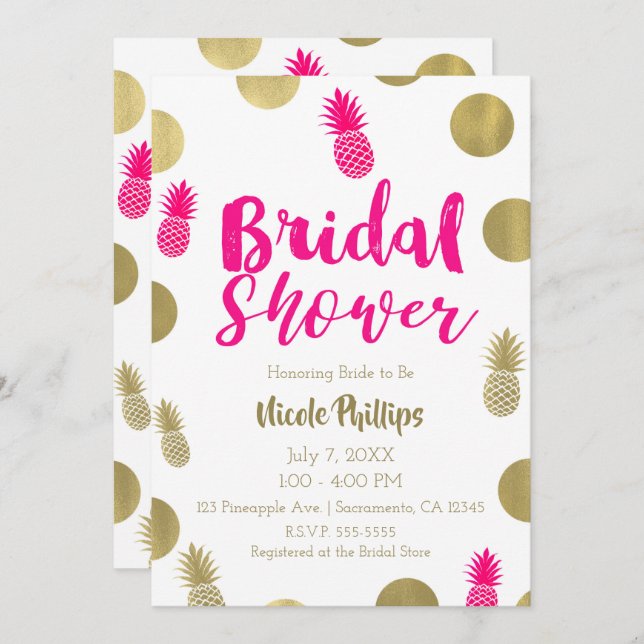 Hot Pink & Gold Dots & Pineapples Bridal Shower Invitation (Front/Back)