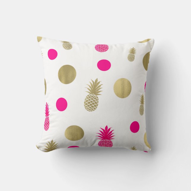 Hot Pink & Gold Dots & Pineapples Fun Summer Chic Cushion (Front)