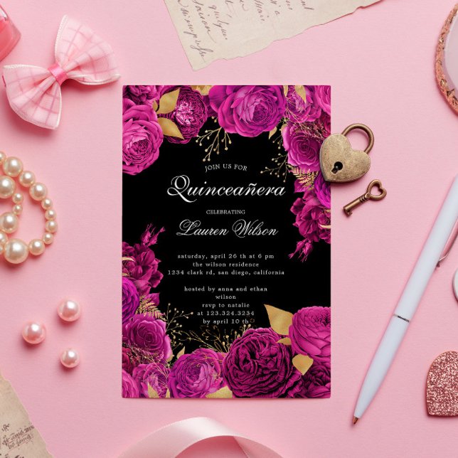 Hot Pink Gold Exclusive Floral Quinceanera  Invitation (Creator Uploaded)