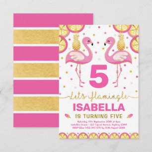 Hot Pink Gold Flamingo Tropical Summer Birthday Invitation