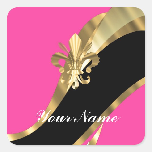 Hot pink & gold fleur de lys square sticker (Front)
