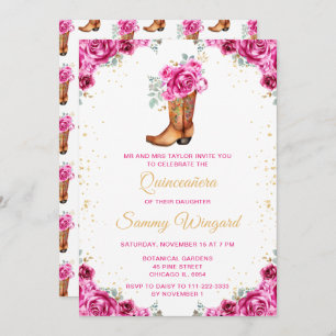 Hot Pink Gold Floral Cowboy Boot Quinceañera Invitation