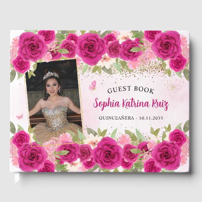 Hot Pink Gold Floral Princess Quinceañera Photo Guest Book (Front)