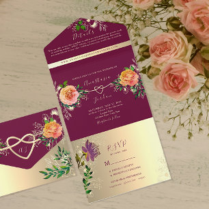 Hot Pink Gold Floral Wedding All In One Invitation