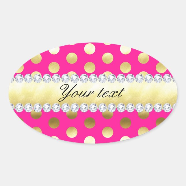 Hot Pink Gold Foil Polka Dots Diamonds Oval Sticker (Front)