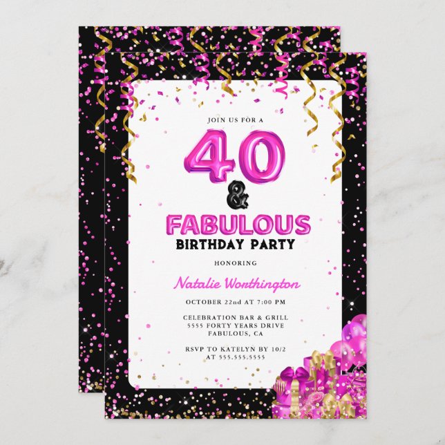 Hot Pink Gold Forty Fabulous 40th Birthday Invitation (Front/Back)