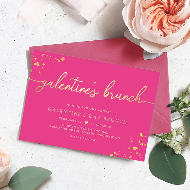 Hot Pink Gold Galentine's Day Brunch Invitation (Galentines Brunch Invitation Hot Pink Paintly Gold )