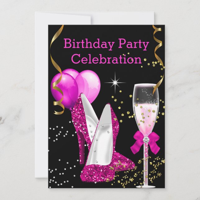 Hot Pink Gold Glitter Balloons Birthday Party Invitation (Front)
