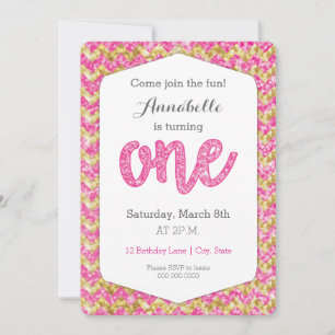 Hot Pink Gold Glitter Chevron First Birthday Card