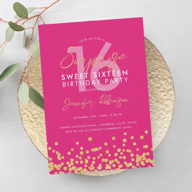 Hot Pink Gold Glitter Confetti Surprise Sweet 16  Invitation (Hot Pink Gold Glitter Confetti Surprise Sweet 16 Invitation)