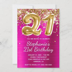Hot Pink Gold Glitter Foil Balloon 21st Birthday Invitation