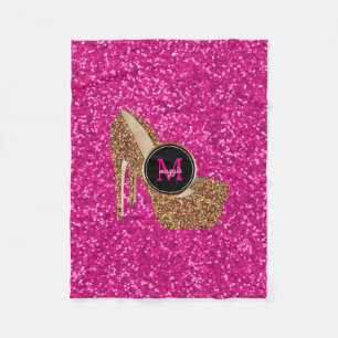 Hot Pink Gold Glitter High Heels Shoes Monogram Fleece Blanket
