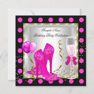 Hot Pink Gold Glitter White Spot Birthday Party Invitation