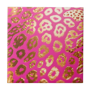 Hot Pink Gold Leopard Print Glam Ceramic Tile