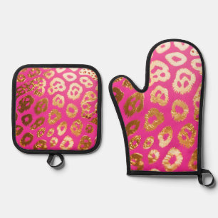 Hot Pink Gold Leopard Print Glam Oven Mitt & Pot Holder Set