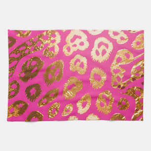 Hot Pink Gold Leopard Print Glam Tea Towel